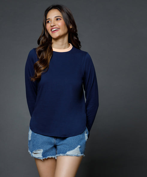 Long Sleeve Blue Crew Neck T-Shirt